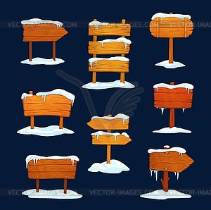 Winter wooden signs, cartoon signboards with snow - vector clip art