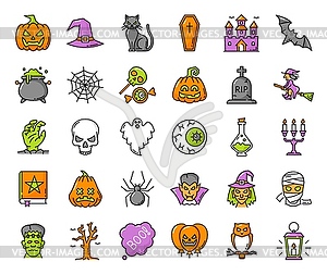 Halloween outline ghost, pumpkin and witch icons - vector EPS clipart
