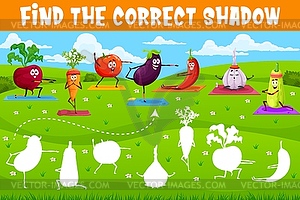 Find correct shadow, cartoon vegetables on yoga - vector image