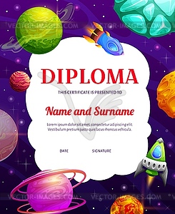 Kids diploma, flying rockets and stars in space - vector image