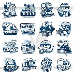 Travel tourism, active leisure icons set - vector clipart