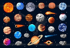 Pixel space planets and stars, asteroids or comets - vector image