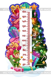 Kids height chart, Christmas tree, gifts and elf - vector clipart