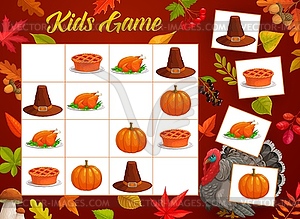 Thanksgiving sudoku, kids game with autumn leaves - vector clipart