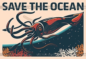 Squid animal in ocean water retro poster - vector image