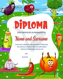 Kids diploma with cartoon vegetables characters - vector image