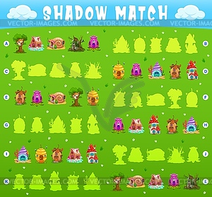 Shadow match game, cartoon fairy houses, dwellings - color vector clipart