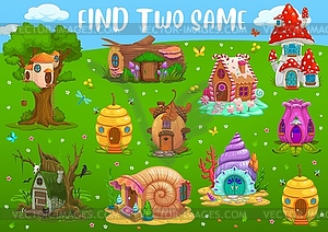 Find two same fantasy dwelling houses, kids maze - vector clipart