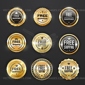 Free shipping, delivery golden labels and seals - vector clip art