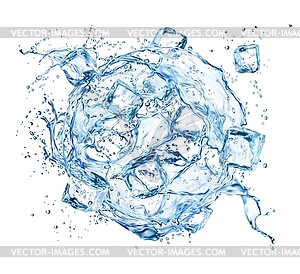 Water wave splash and frozen ice cube crystals - vector image