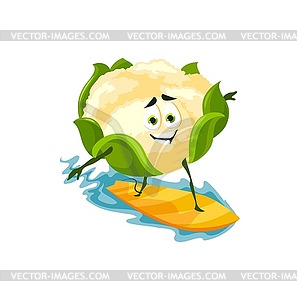 Cauliflower cartoon character surfing, summer rest - vector clipart