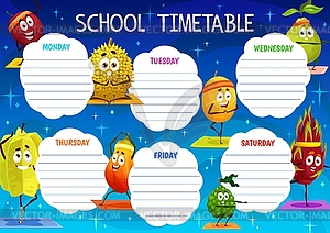 Kids education timetable schedule, cartoon fruits - vector clipart