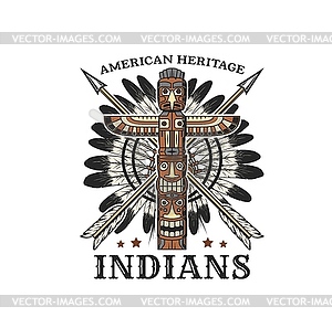 American indians tribal retro icon with totem pole - vector image