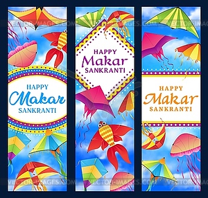 Indian Makar Sankranti holiday banners with kites - vector clipart