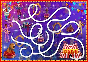 Kids labyrinth maze game with circus characters - vector clipart