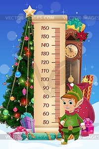 Kids height chart. Christmas tree and funny elf - vector clipart