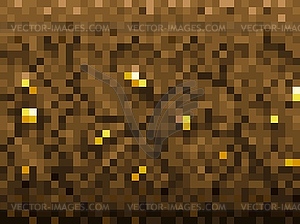 Golden nuggets ore, ground blocks in pixel pattern - vector clip art