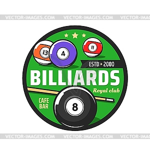 Billiards club icon of pool sport balls and cue - vector clip art