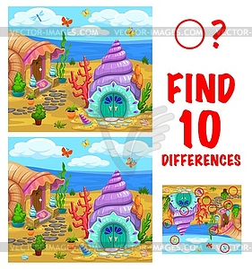 Find ten differences kids game with seashell house - royalty-free vector clipart