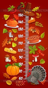 Kids height chart, Thanksgiving turkey and leaves - vector image