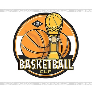 Значок баскетбольного кубка с мячом и спортивным призом - векторное изображение клипарта
