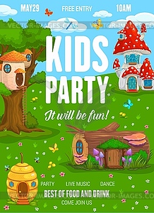 Kids party flyer, fairy fantasy house and dwelling - vector clip art