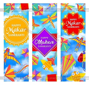 Indian Makar Sankranti holiday banners, kites, sky - vector EPS clipart