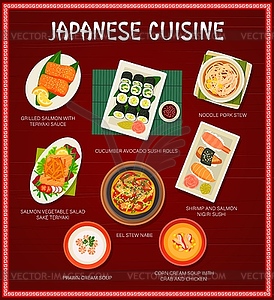 Japanese cuisine Japan meals cartoon menu - vector image