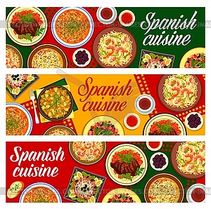 Spanish cuisine banners, seafood, meat, veggies - vector image