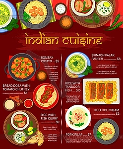 Indian cuisine menu, fish curry, rice, vegetables - vector image
