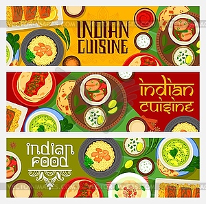 Indian cuisine food banners, spice dishes, dessert - vector clipart