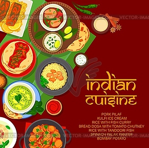 Indian restaurant menu cover, rice and fish curry - vector clip art