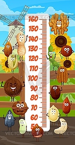 Kids height chart, cartoon nuts and beans on farm - vector clipart