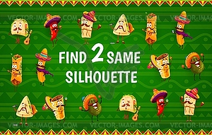 Find same silhouettes kids game with mexican food - vector clip art