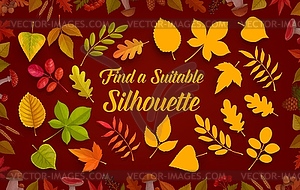 Kids game worksheet find silhouette of fall leaves - vector image