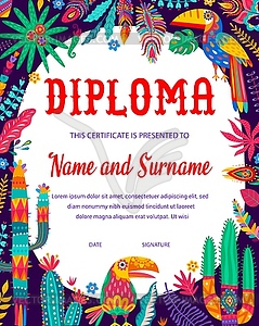 Kids diploma with mexican toucans, floral elements - vector image