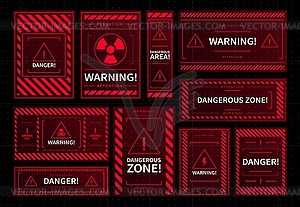 Danger and dangerous zone warning red frames, HUD - vector clip art