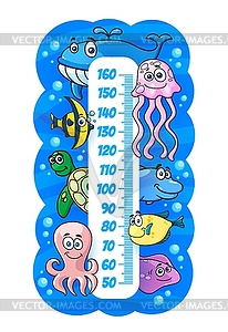 Kids height chart, underwater cartoon sea animals - vector clipart