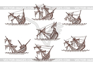 Sunken sailing brigantine ship sketches, shipwreck - vector clip art