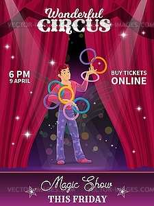 Shapito circus poster, cartoon big top juggler - vector clipart