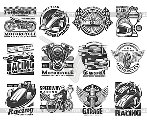 Motorcycle and car racing, Grand Prix rides icons - vector clip art