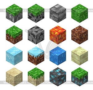 Pixel game blocks, grass, stone, ice, water, sand - vector clipart