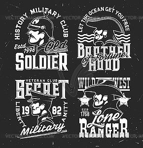 Tshirt prints with men soldier, pirate and ranger - royalty-free vector clipart