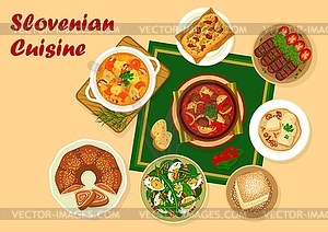 Slovenian cuisine food, meat and vegetable dishes - vector image