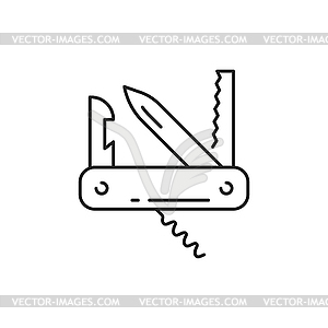 Foldable pen knife, swiss army tool thin line icon - vector image