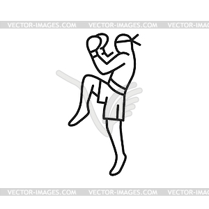 Muay Thai boxing man kick boxer thin line icon - vector clip art