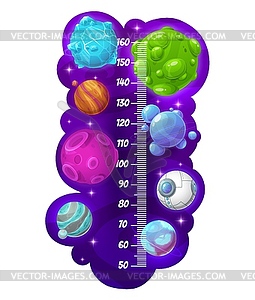 Kids height chart, cartoon space galaxy planets - vector image