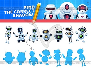 Find correct robot shadow, kids game or puzzle - vector image