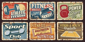 Fitness club, sport nutrition and gym tin signs - vector clip art