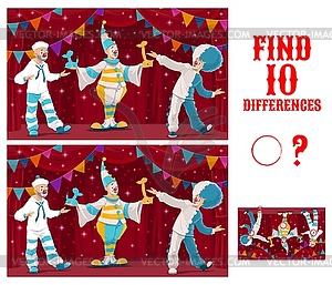 Find differences game with circus clowns - vector image